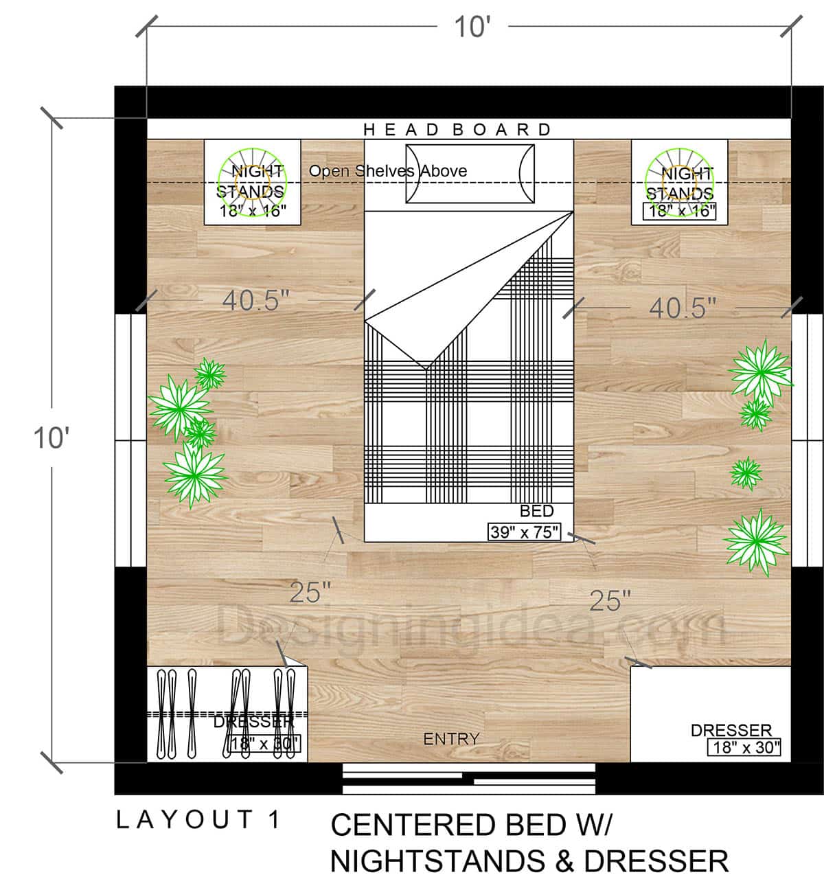 10x10 bedroom layout with centered twin bed with nightstands dresser