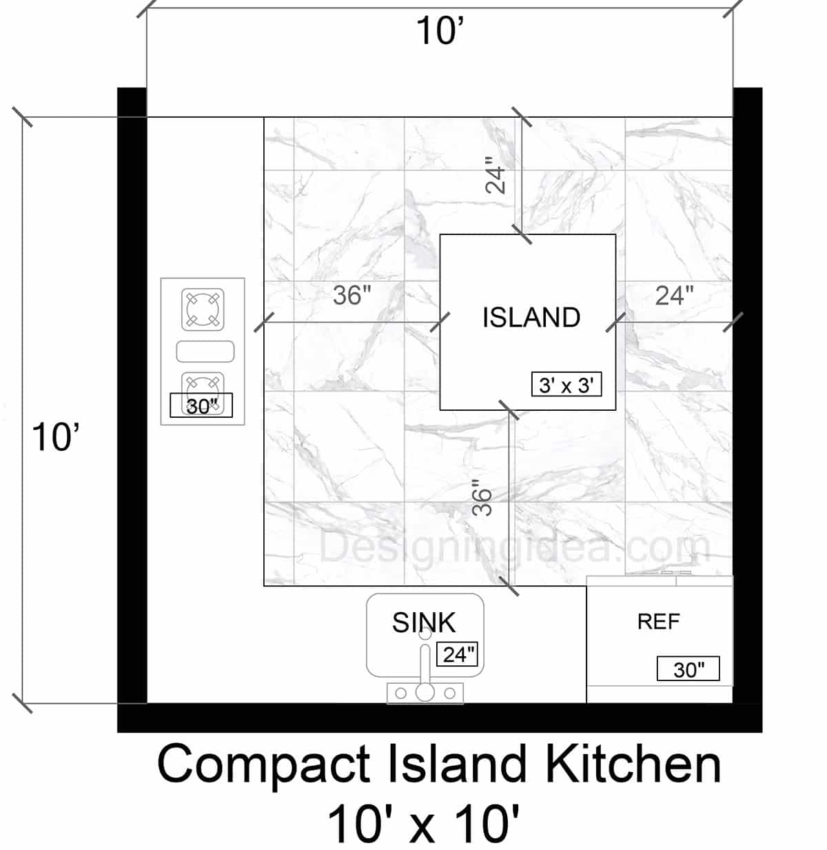 10x10 Compact Kitchen With Small Island Layout