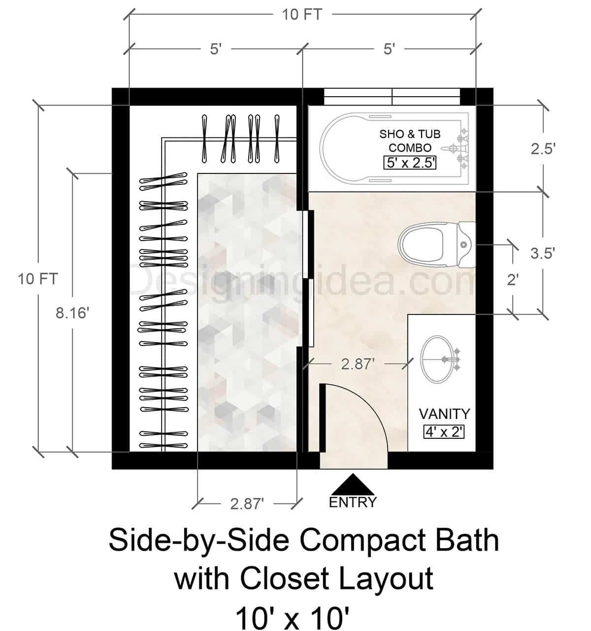 10x10 side by side compact bath with closet layout