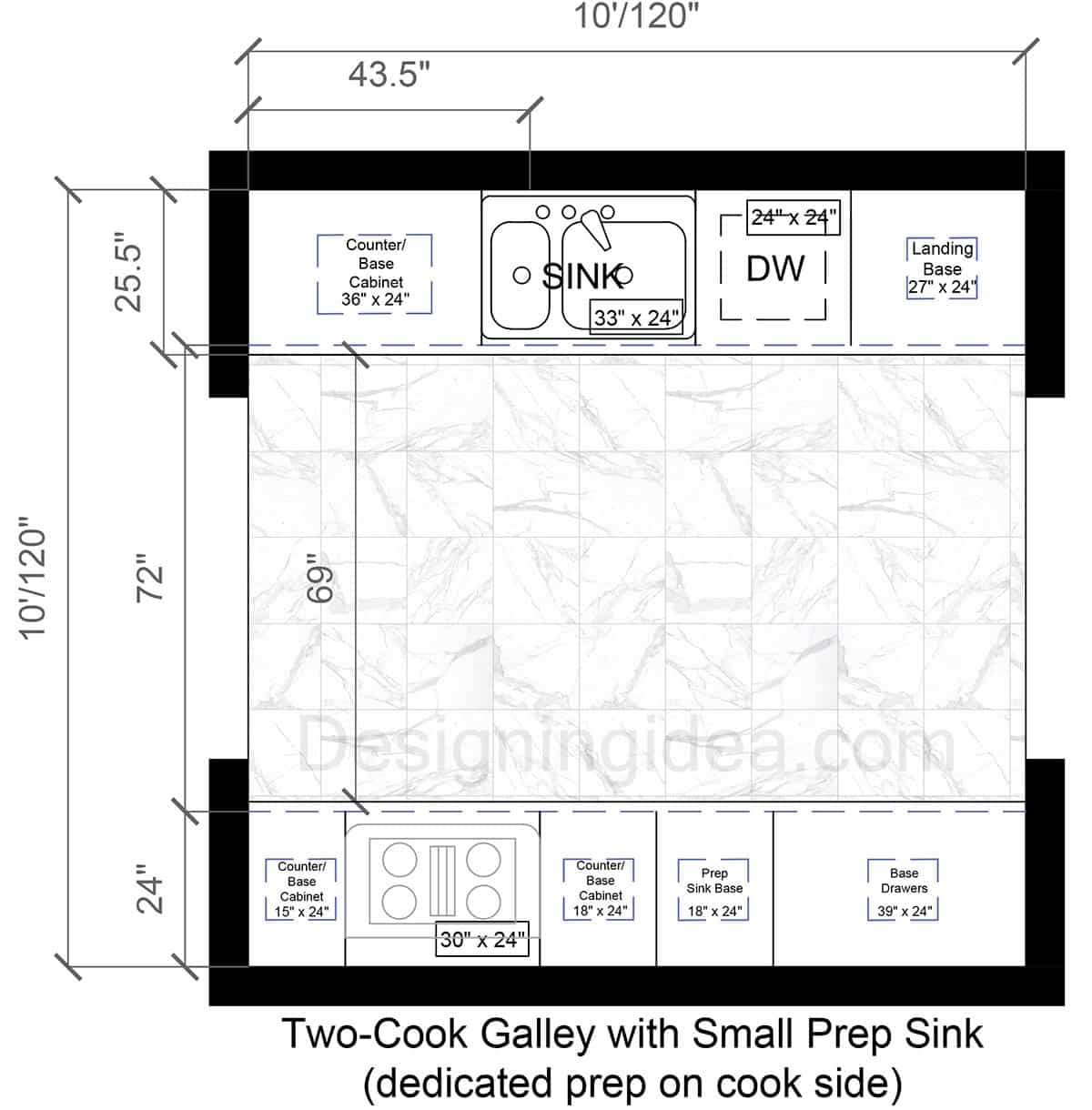 Two-Cook Wide Galley with Small Prep Sink Layout