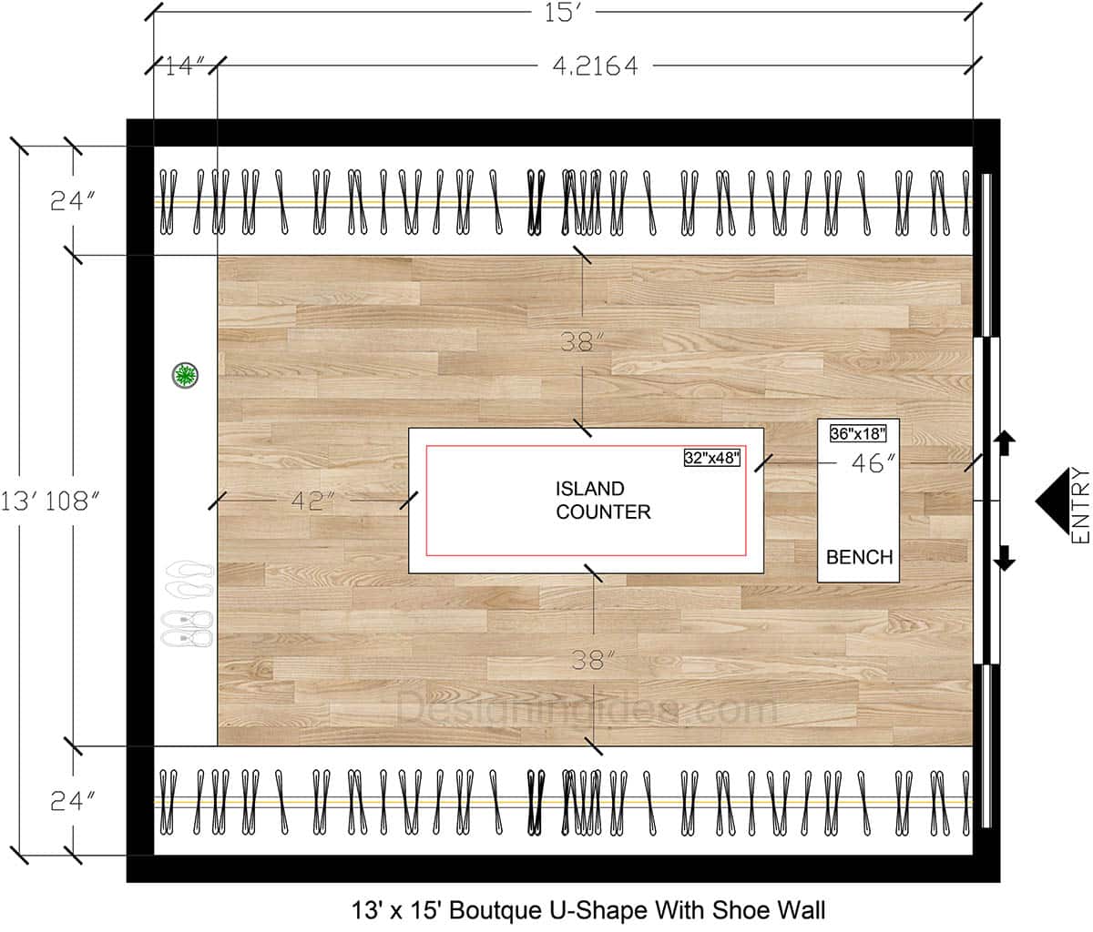 13×15 Boutique U-Shape Closet Layout With Shoe Wall