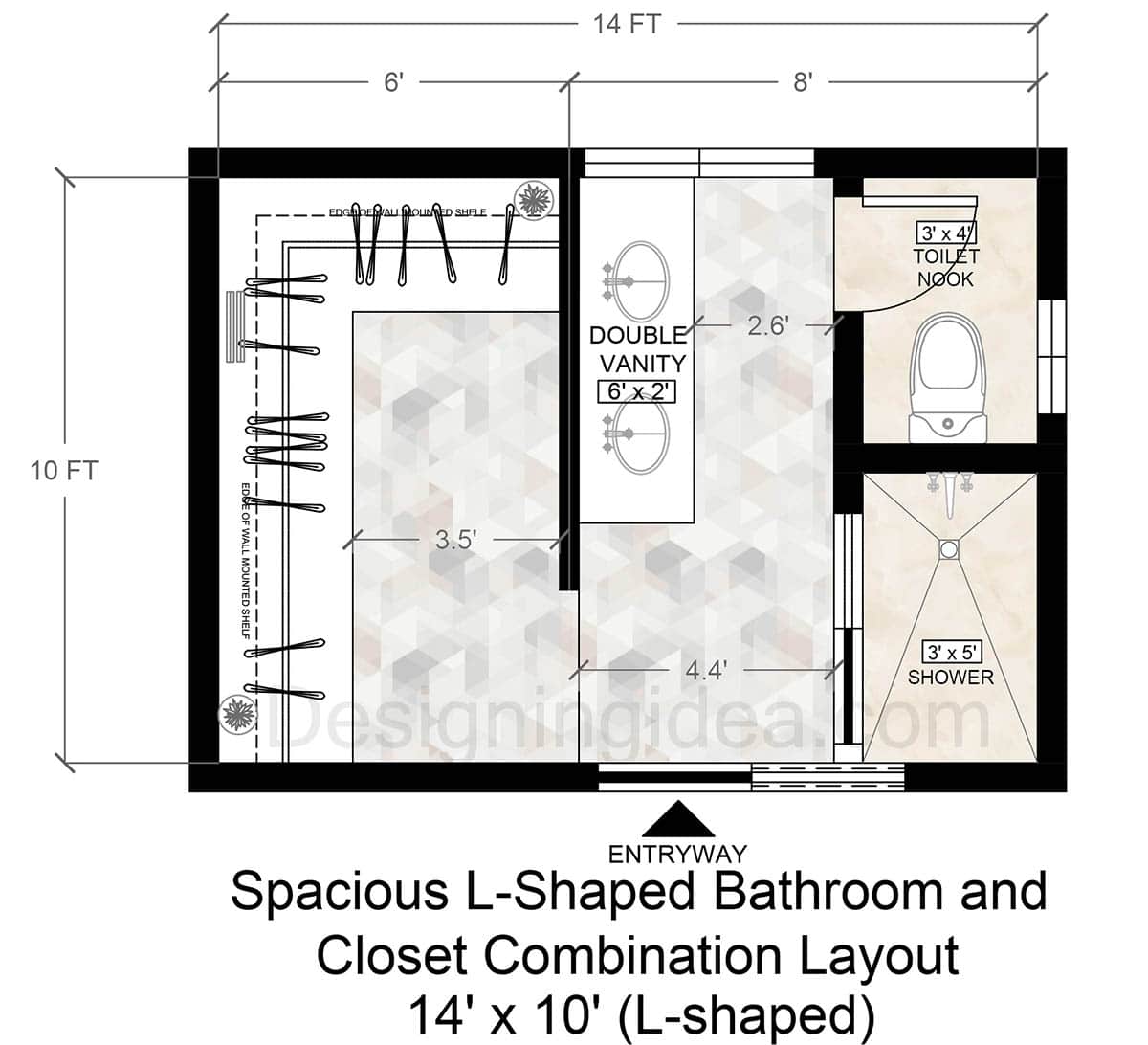 14x10 l-shaped bathroom and closet combination layout
