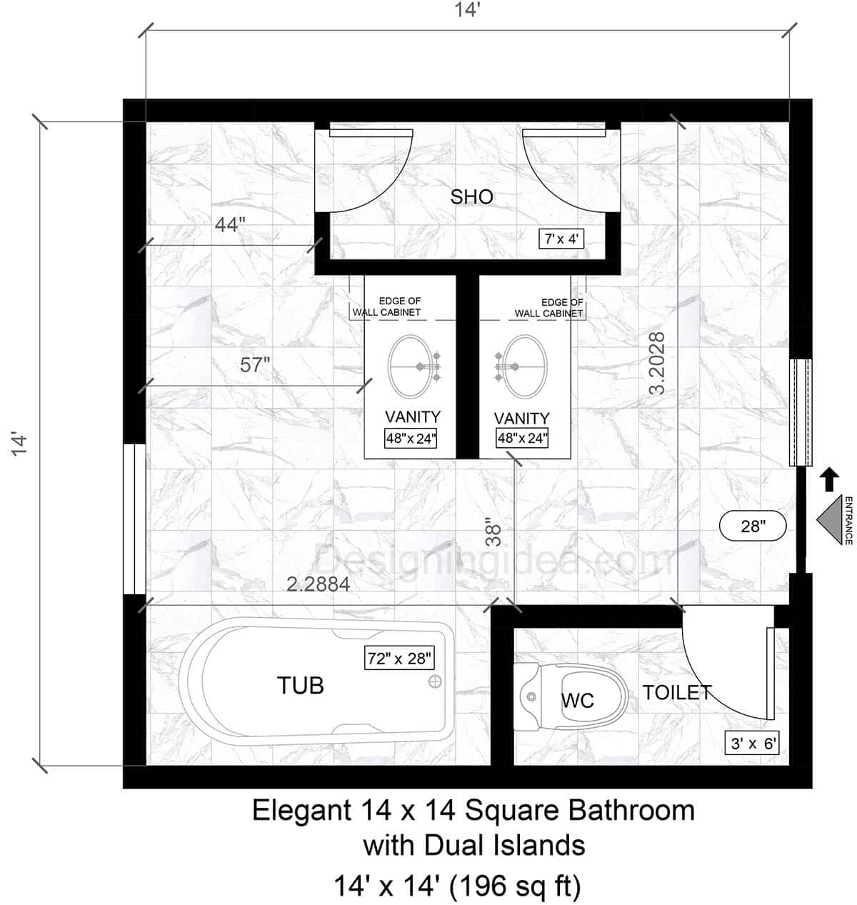 14x14 Elegant Bathroom with Dual Islands Design