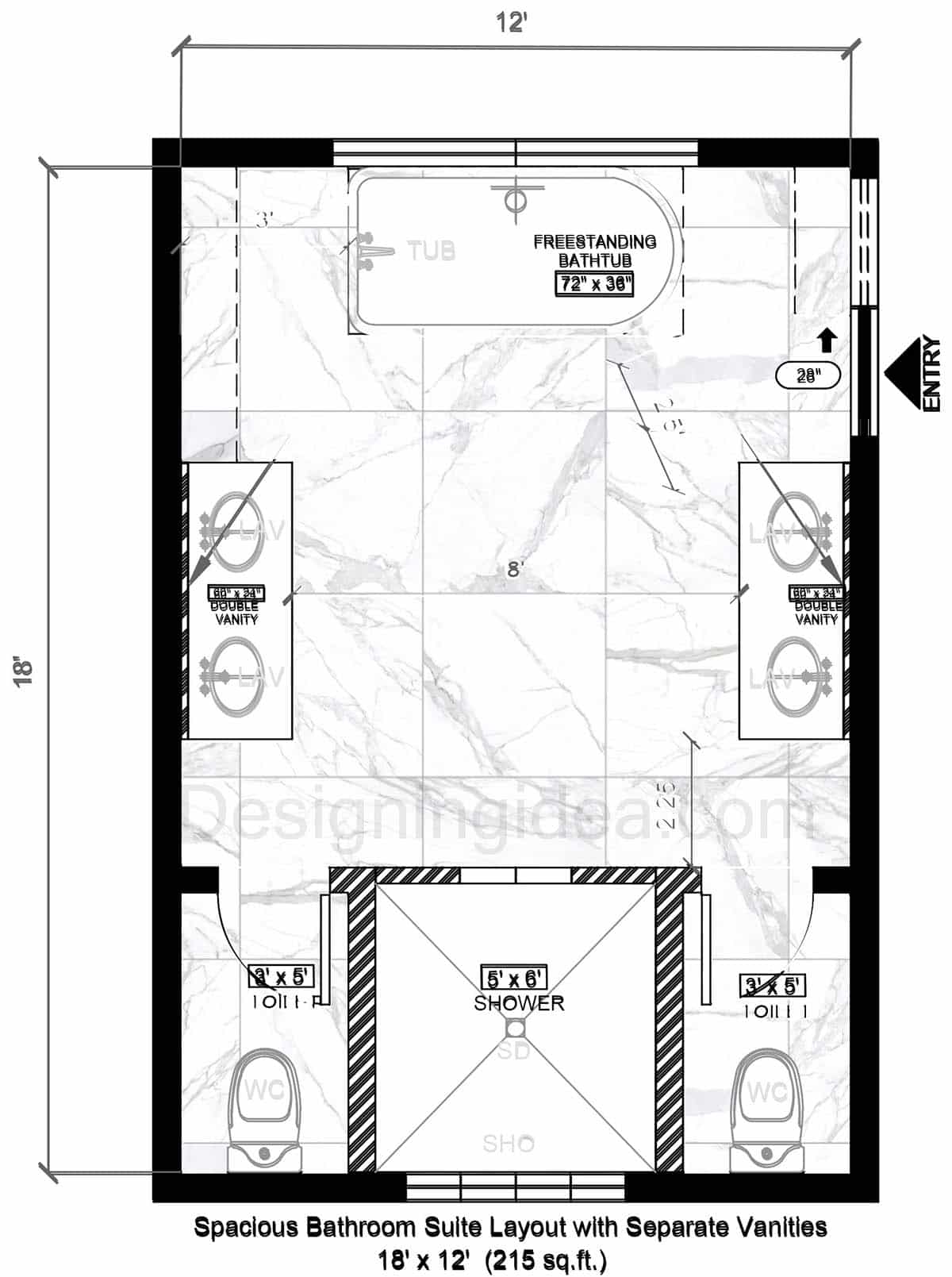 Spacious Bathroom Suite Layout with Separate Vanities