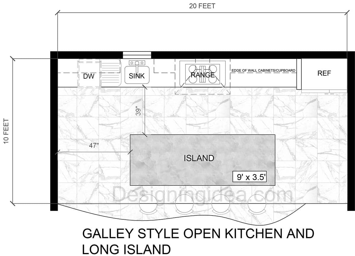 Galley-Style Open Concept Kitchen Layout with a Long Island