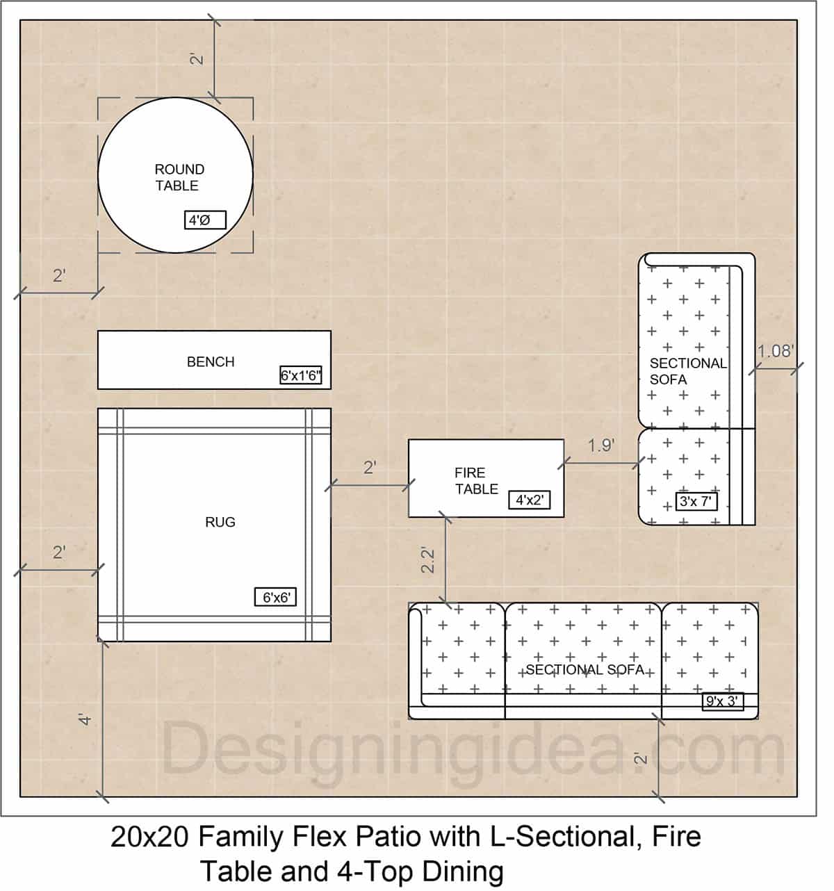 Family Flex Patio With L-Sectional, Fire Table And 4-Top Dining