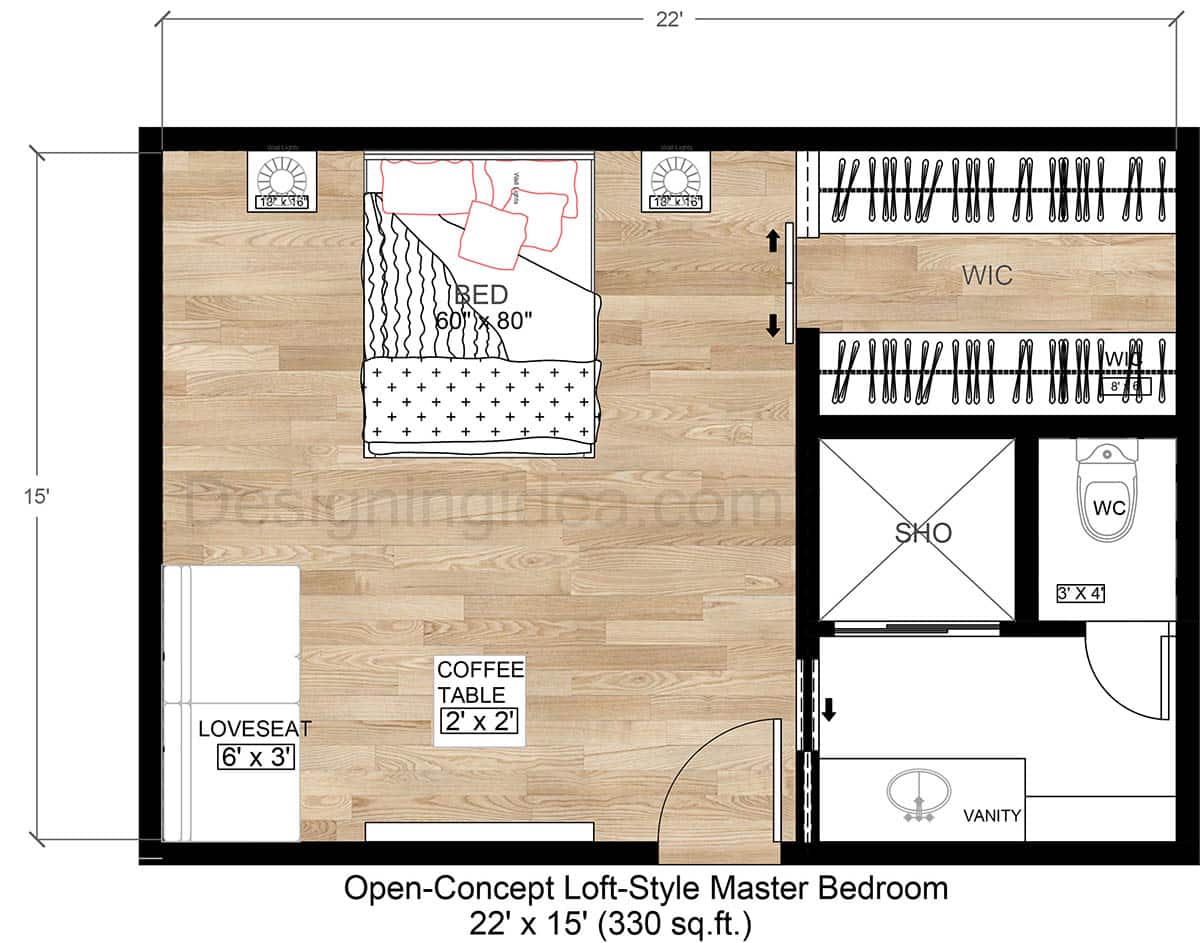 22x15 Open-Concept Loft-Style Master Bedroom Layout