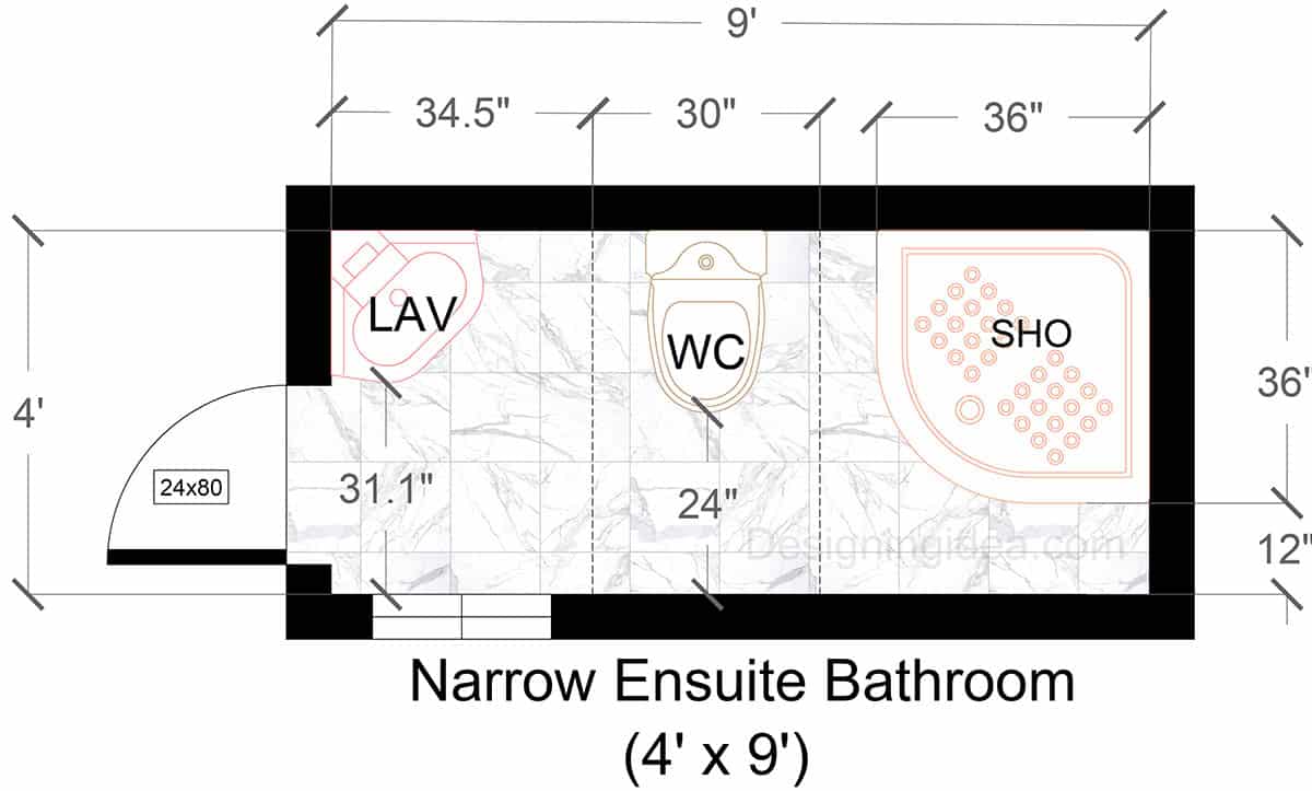 4x9 narrow ensuite bathroom with a shower