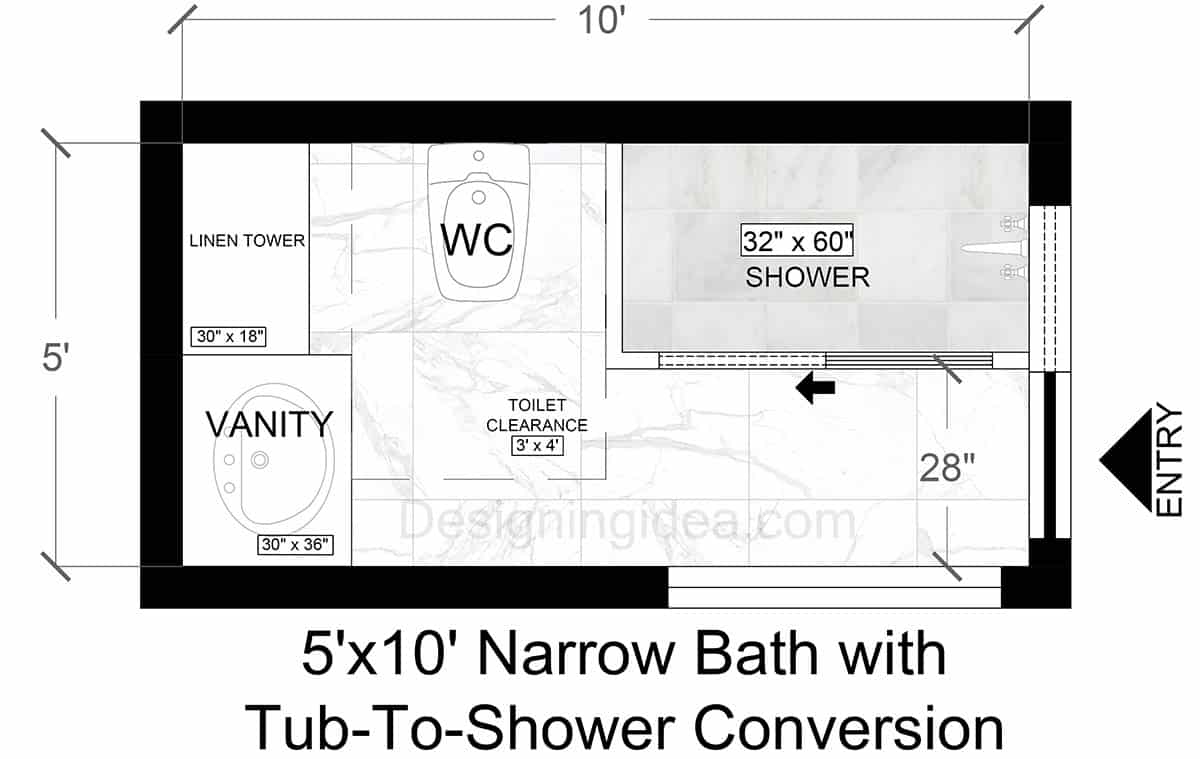 5×10 Narrow Bathroom With Tub-To-Shower Conversion Layout