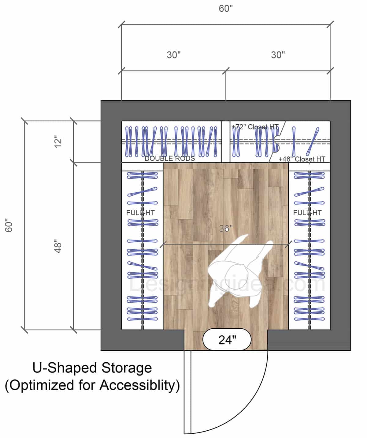 U-Shaped Hanging Clothes Storage Closet Layout