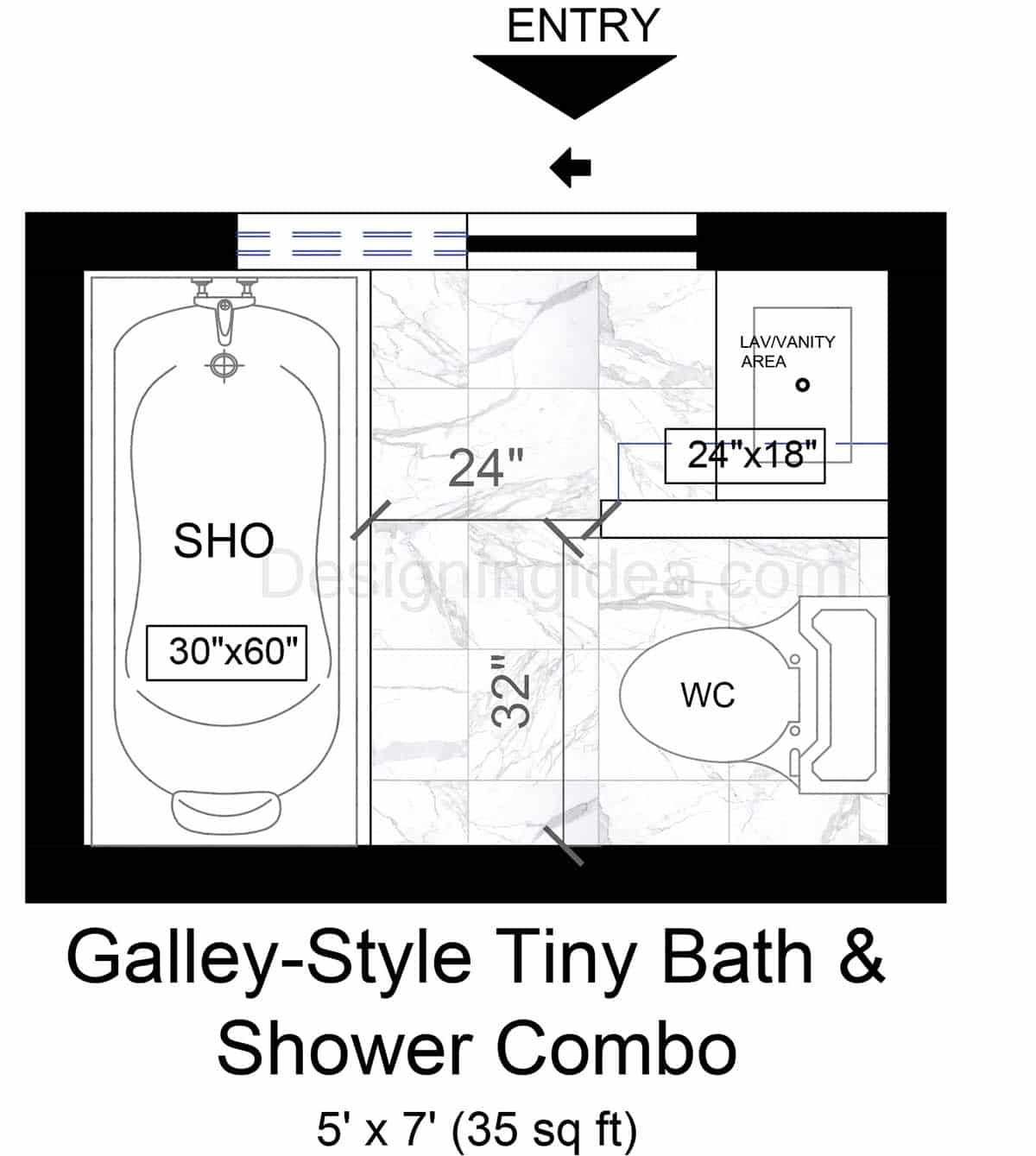 5x7 Galley-Style Tiny Bathroom With Tub & Shower Combo Layout
