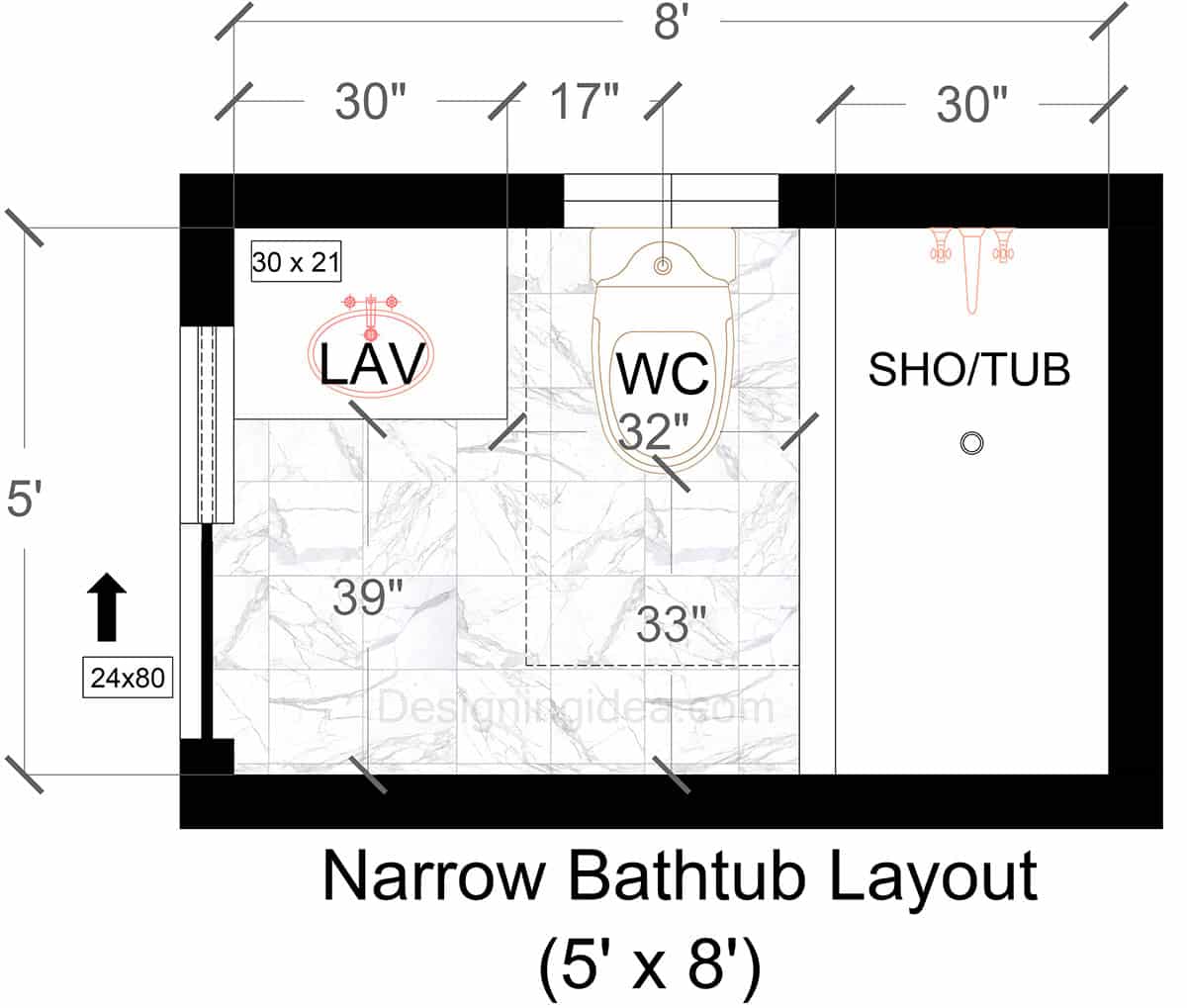 5x8 narrow bathtub layout