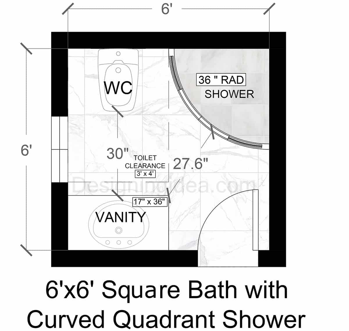 6×6 Square Bathroom With Curved Quadrant Shower Floor Plan