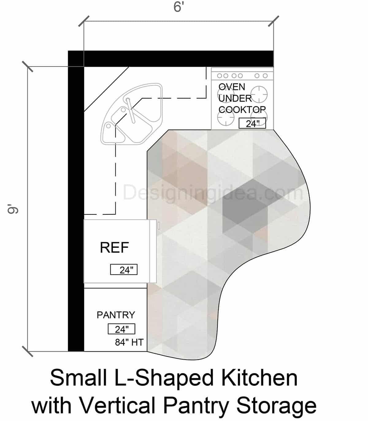 6x9 Small Kitchen With L-Shaped Cabinet Layout And Vertical Pantry