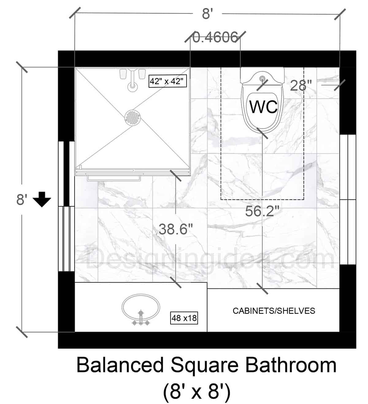 8x8 balanced square bathroom layout