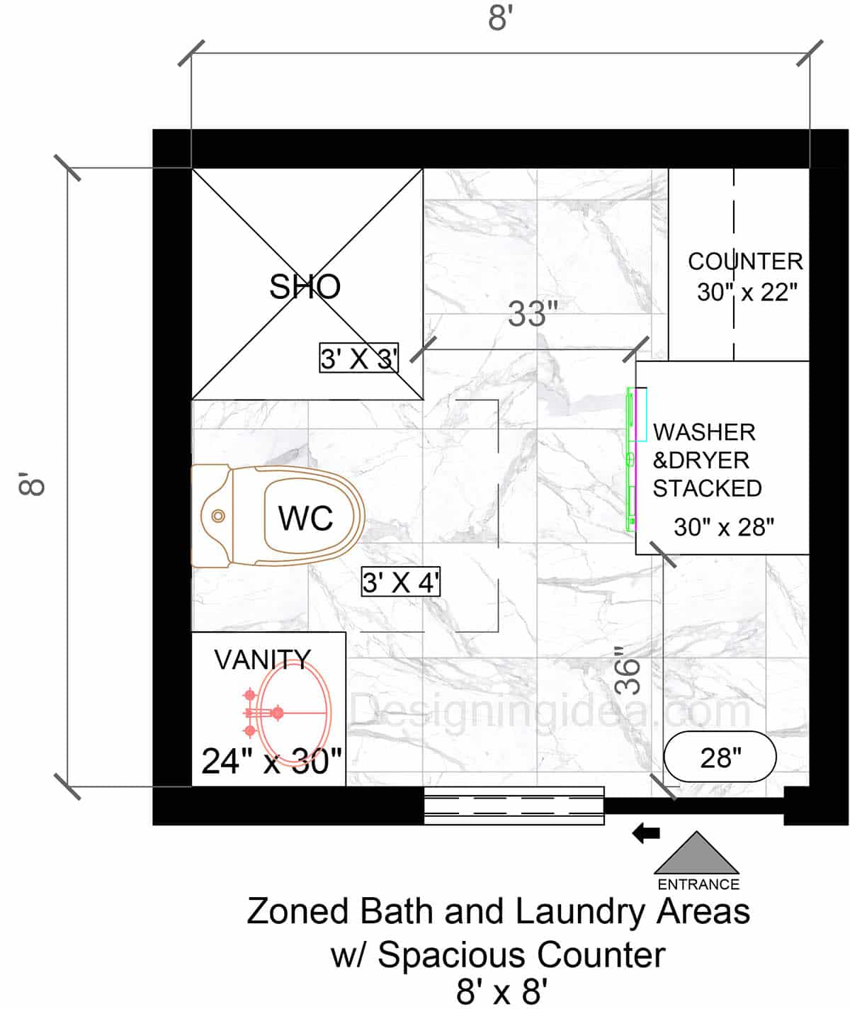 8×8 L-Shaped Bath With Laundry Nook Layout