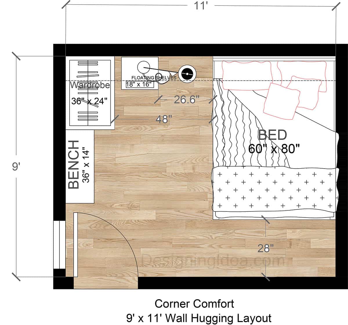 9x11 Corner Comfort Bedroom With Wall-Hugging Bed Layout