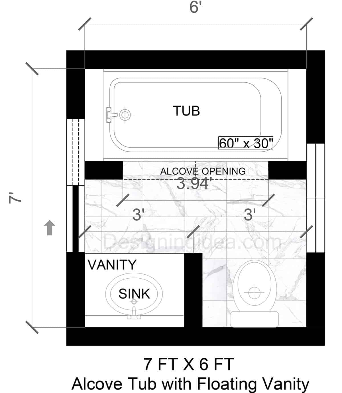 Bathroom with alcove tub with floating vanity design