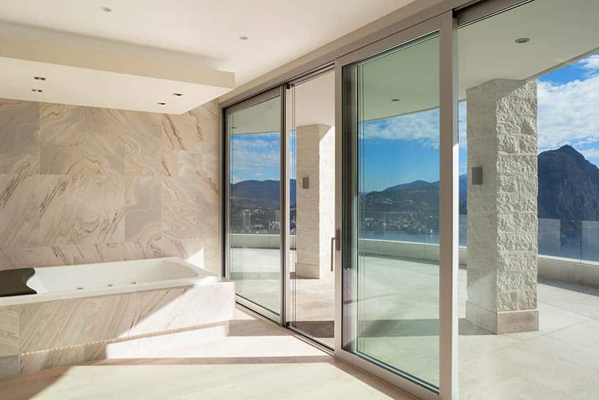 Bathroom with sliding doors to patio