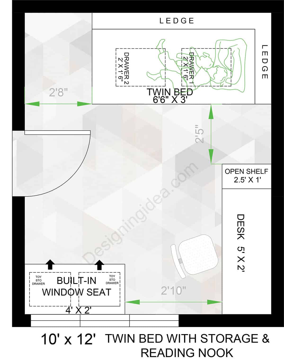 Bedroom With Twin Bed, Storage And Reading Nook Floor Plan