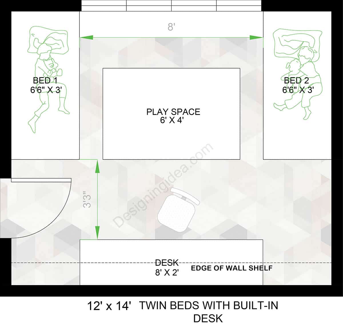 Bedroom With Twin Beds And Built-In Desk Design