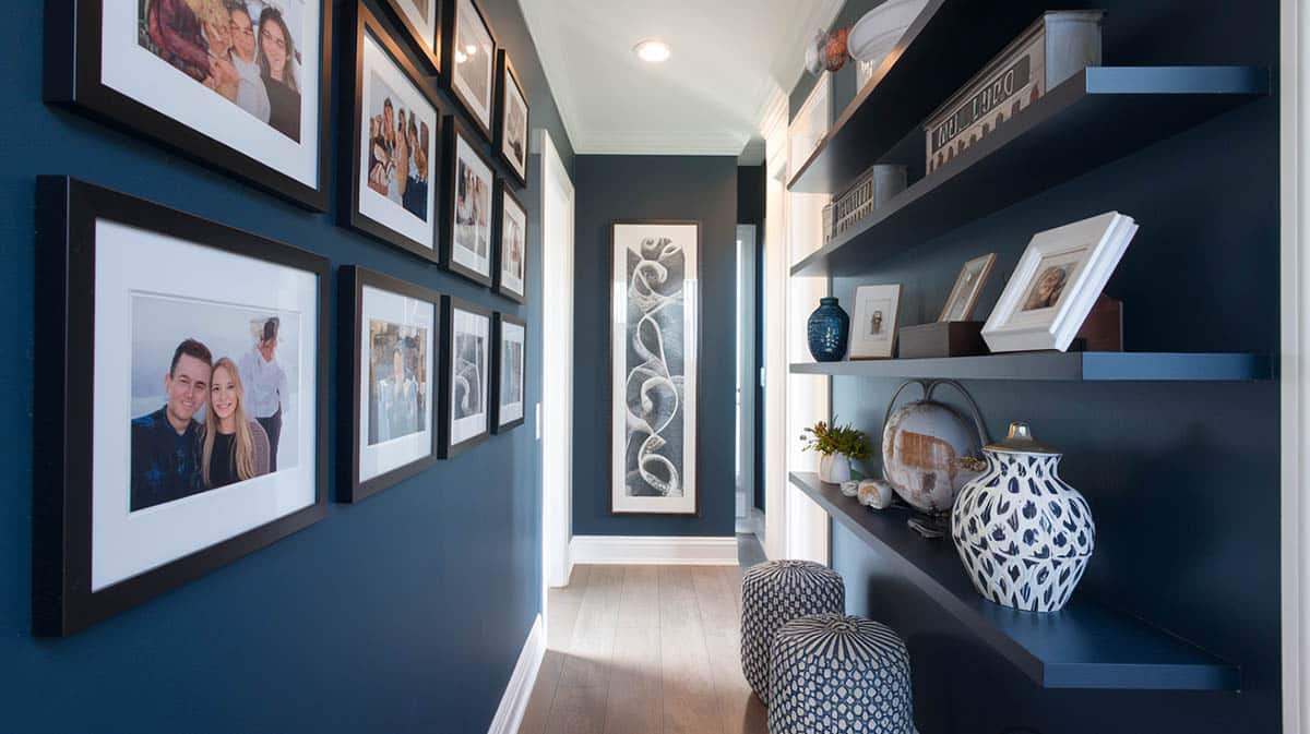Blue painted hallway with photo gallery on wall