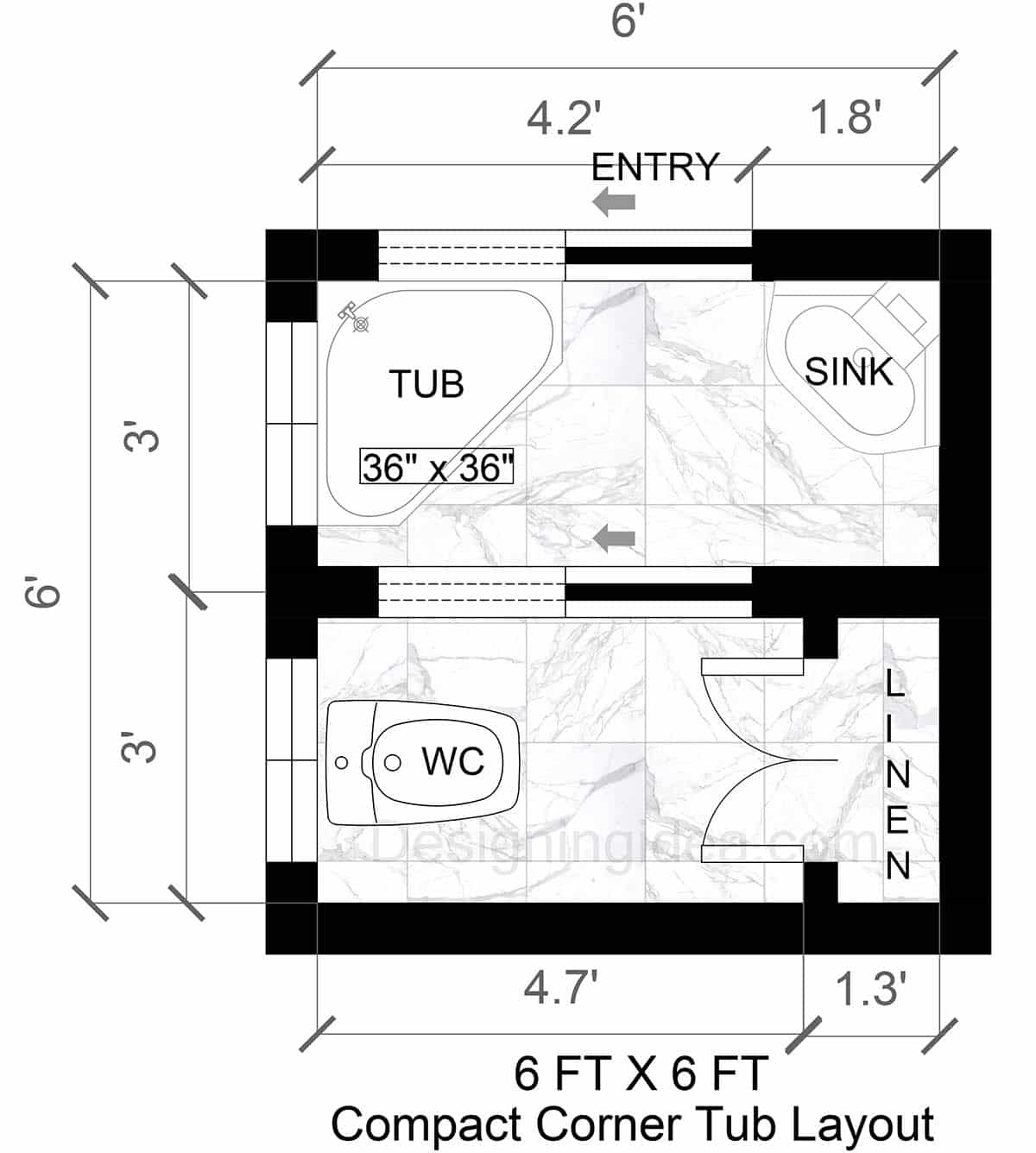 Compact bathroom with corner tub layout