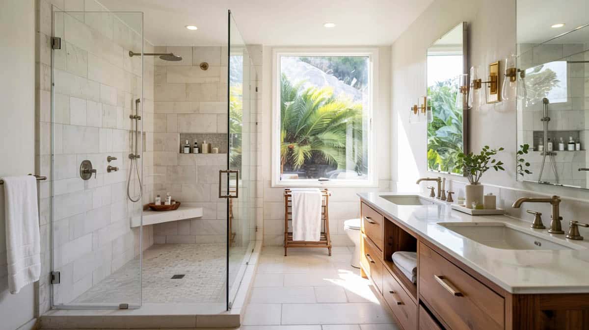 Beautiful bathroom with large format tile and shower with bench