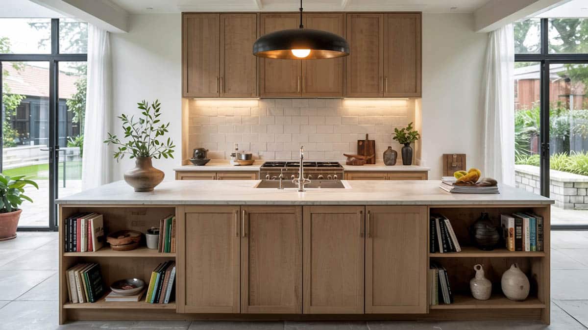 contemporary kitchen with cabinets in the middle and shelving on the ends