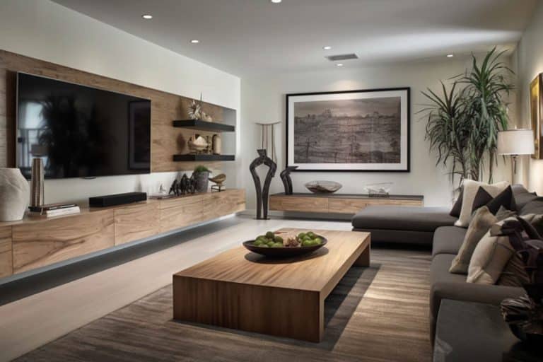 contemporary living room with palm wood tv console