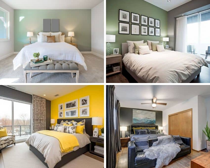 Different types of bedroom wall accent options including gray, green, and yellow