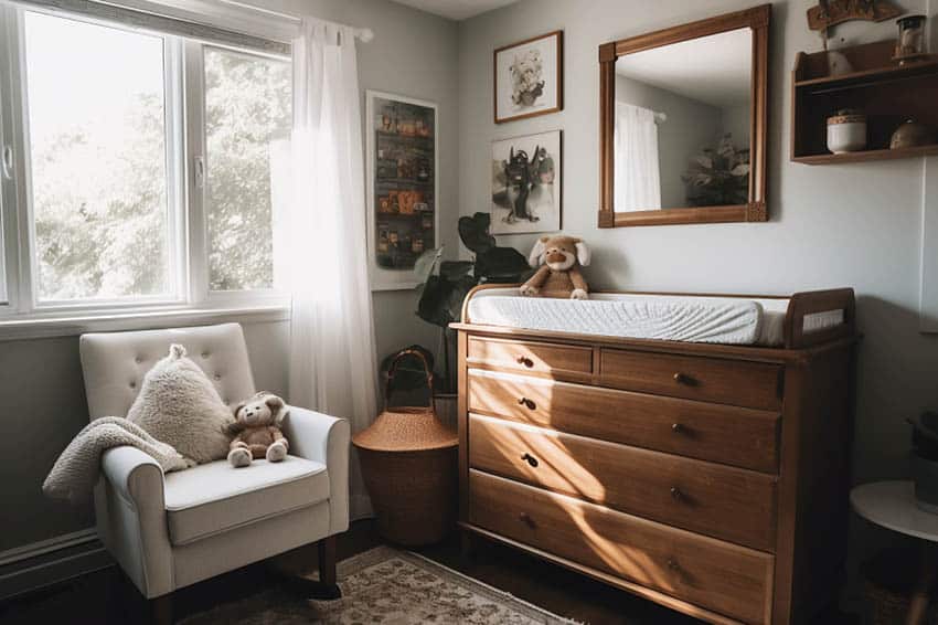 Dresser with changing pad on top next to plush armchair