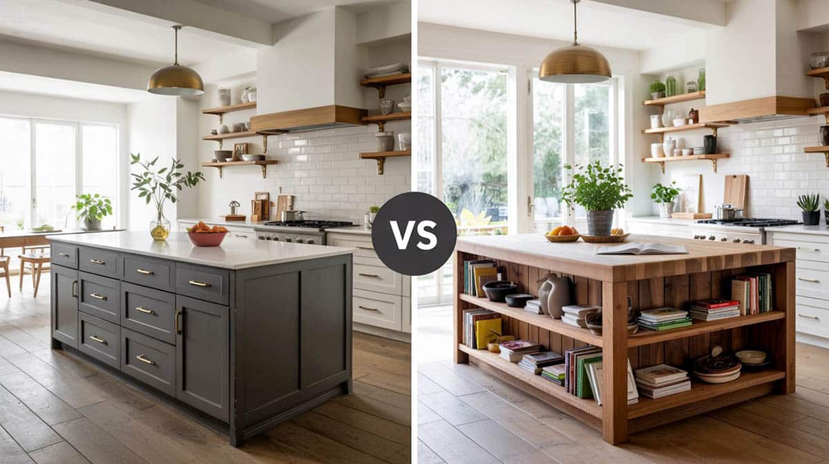 Two kitchens one with closed cabinets and one with open shelves