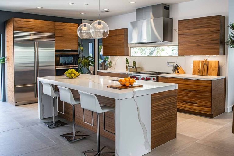 kitchen with laminate countertop that looks like quartz