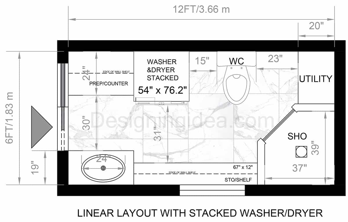 Linear Bathroom Layout With Stacked Washer And Dryer