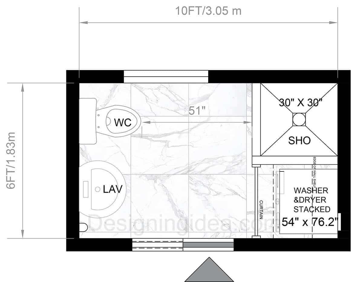 Long and Narrow Bathroom With Partitioned Laundry Closet Layout