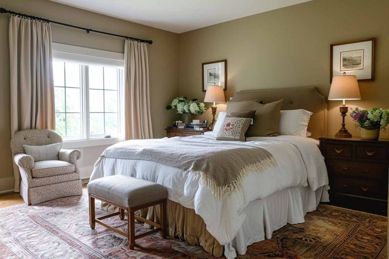 relaxing and inviting guest bedroom with nightstand and chair