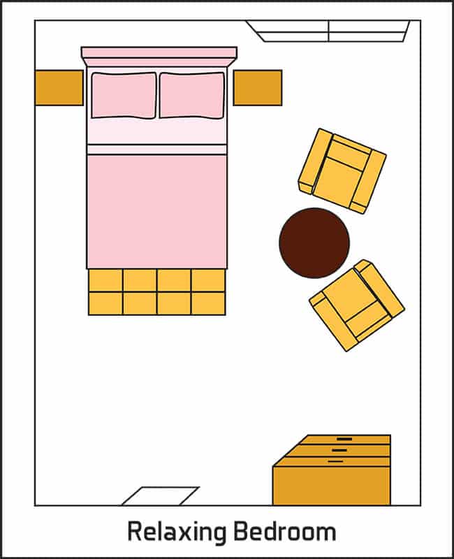 Relaxing bedroom layout with seating area