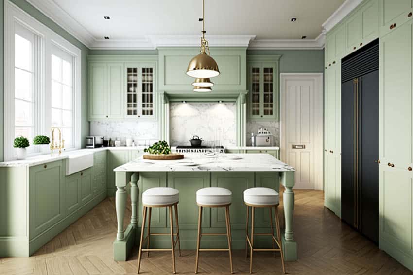 Sage green kitchen cabinets with darker walls and marble island