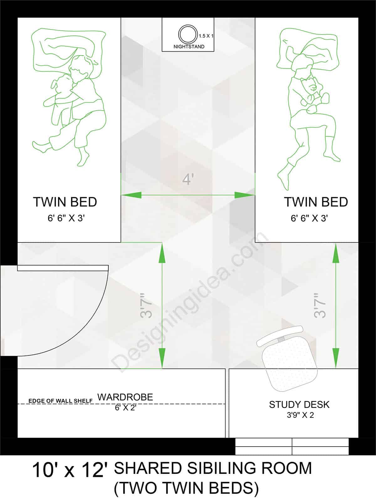 Shared Sibling Bedroom (Two Twin Beds) Floor Plan