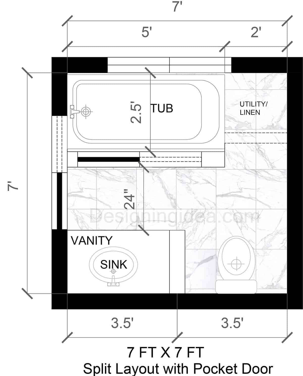 Split bathroom floor plan with bathtub and pocket door