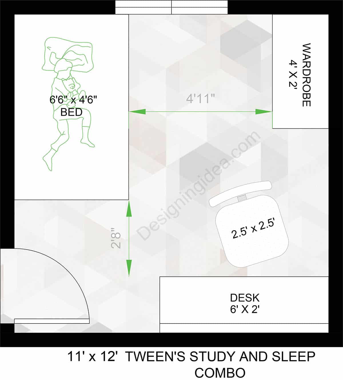 Tween's Bedroom With Study And Sleep Combo Layout