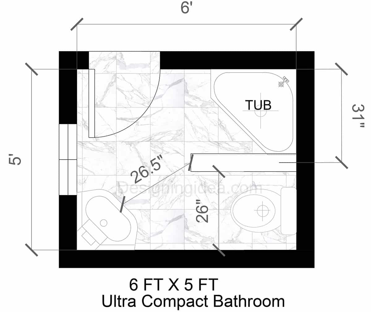 Ultra compact bathroom design with bathtub
